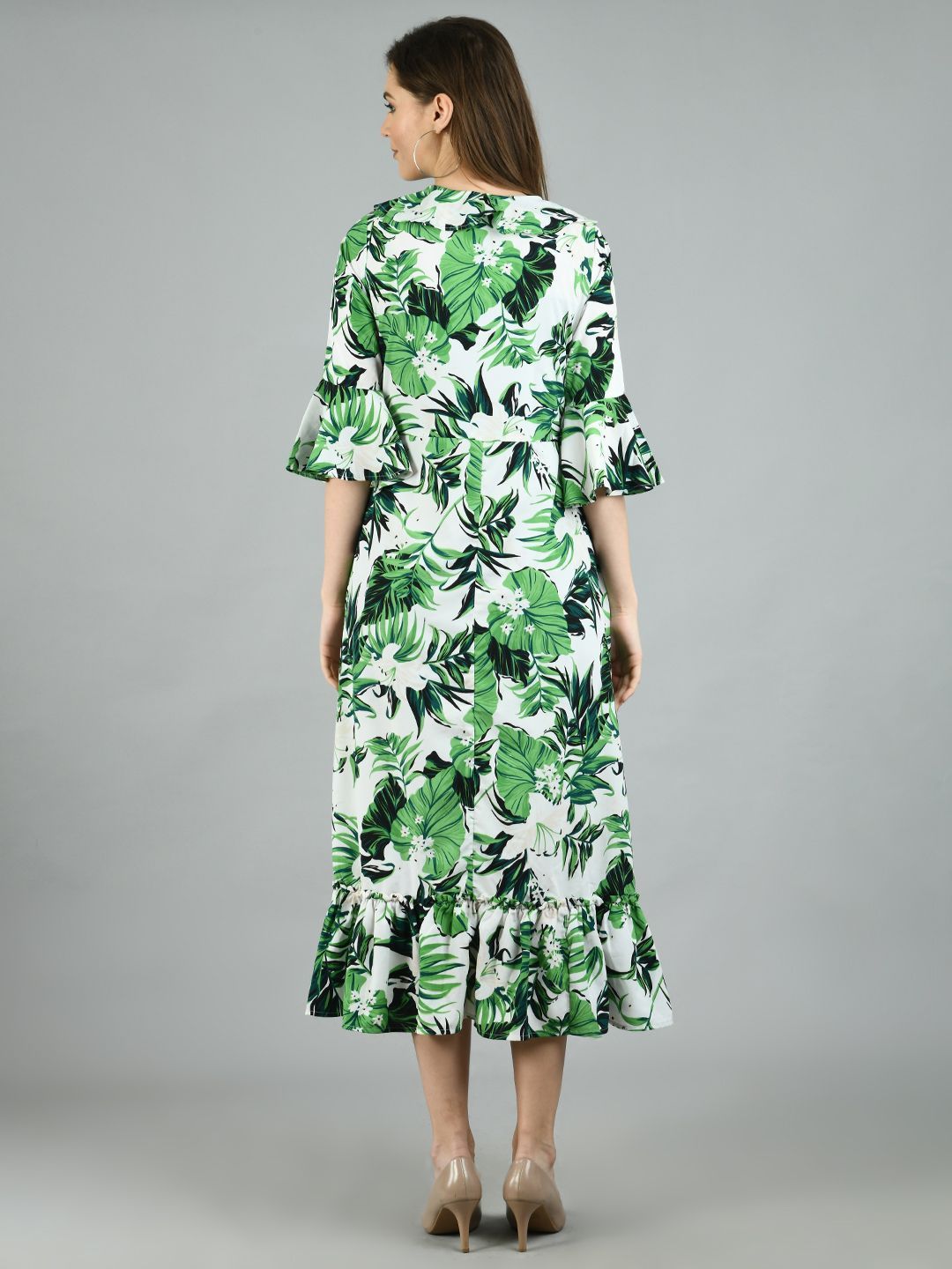 Women's Green Polyester Printed Half Sleeve V Neck Casual Dress