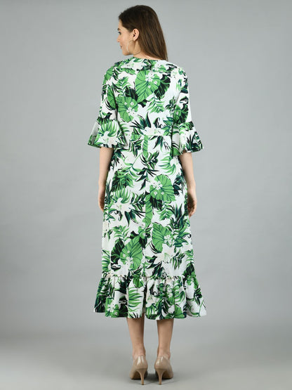 Women's Green Polyester Printed Half Sleeve V Neck Casual Dress