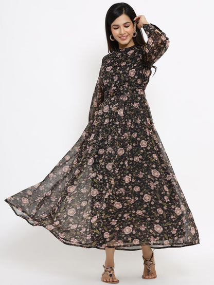 Women's Black Alphin Chiffon Flared Printed Dress With Tie-up Blet