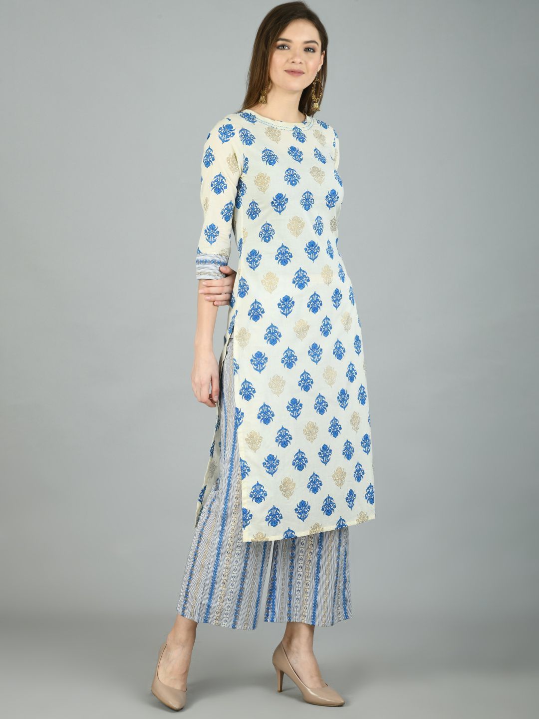 Women's Multi Cotton Printed 3/4 Sleeve Round Neck Casual Kurta Palazzo Set