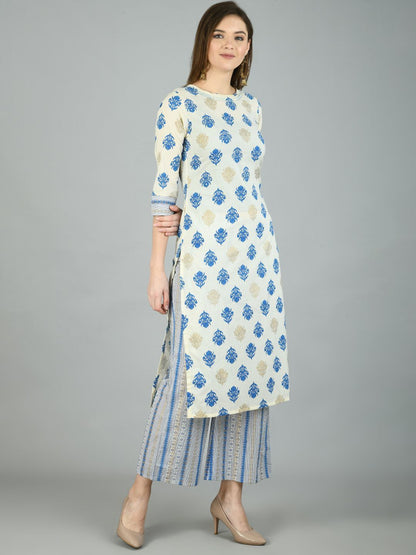 Women's Multi Cotton Printed 3/4 Sleeve Round Neck Casual Kurta Palazzo Set