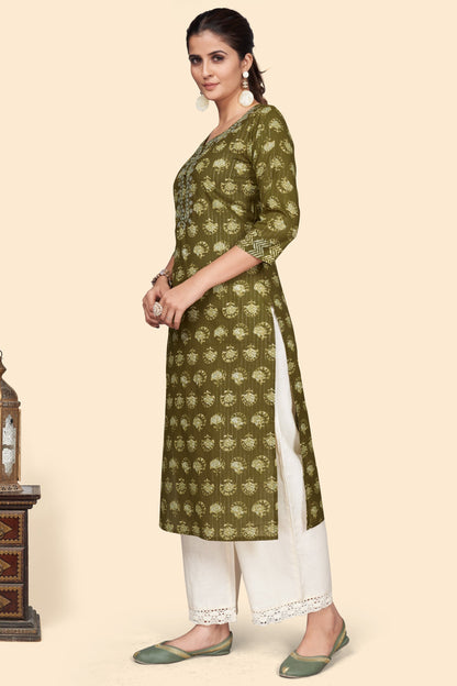 Women's Print & Embroidered Straight Cotton Mahendi Green Stitched Kurta