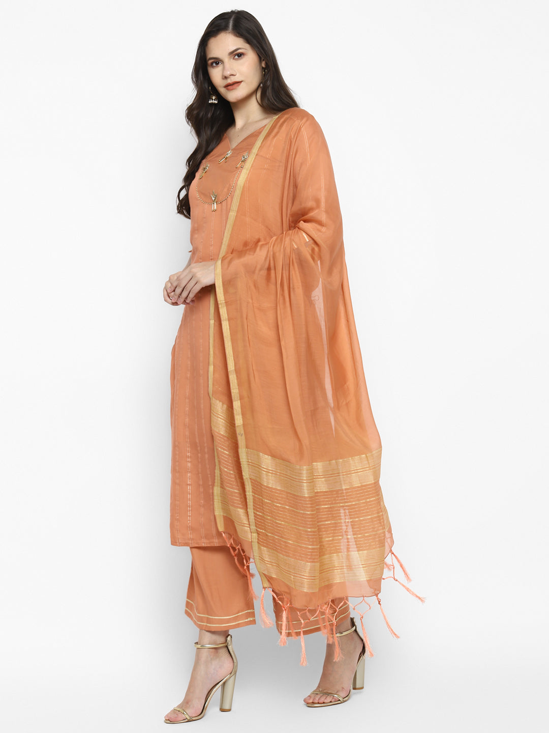 Women's Peach Color Chanderi Silk Embroidered Straight Kurta Palazzo With Dupatta