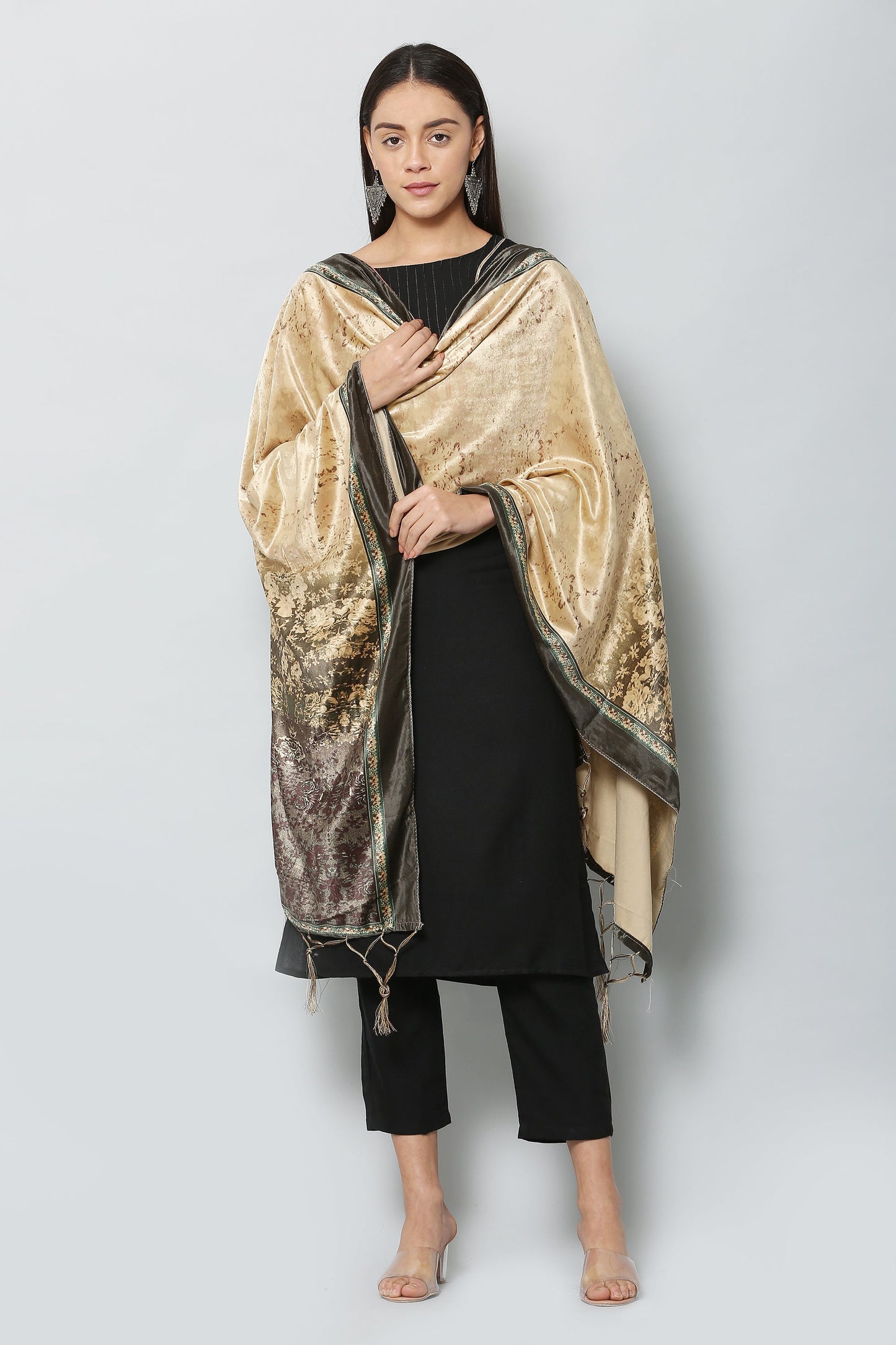 Women's Black & Beige Color Polyster Velvet  Digital Printed Dupatta