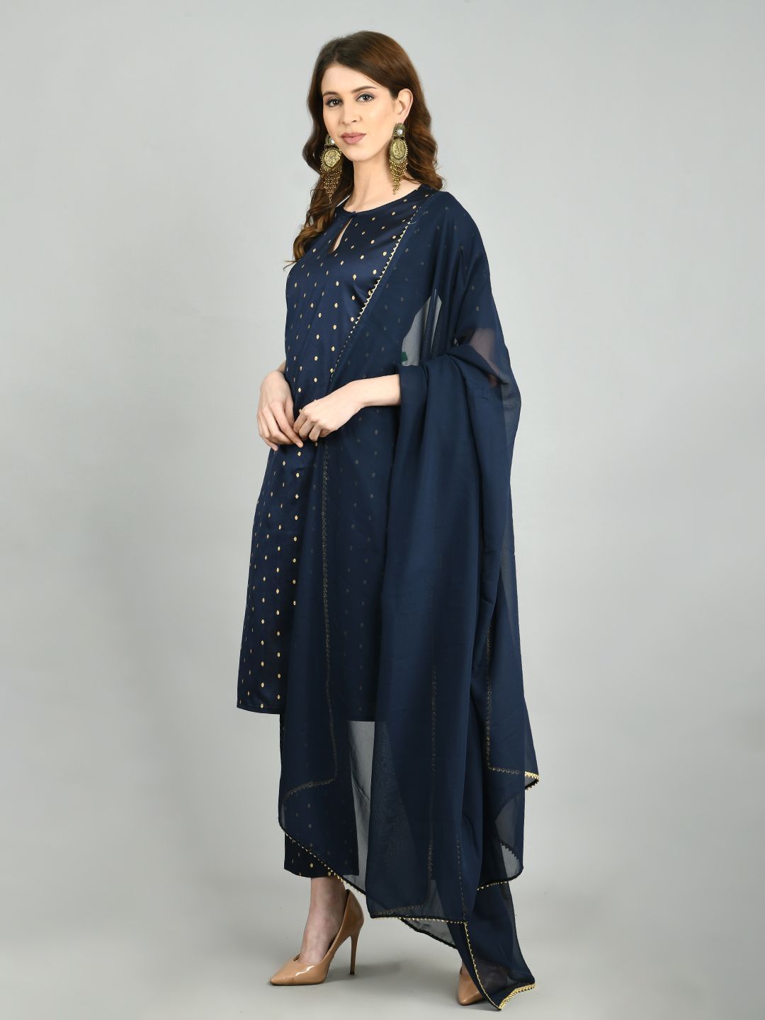 Women's Navy Blue Polyester Printed Half Sleeve Round Neck Casual Kurta Pant Dupatta Set