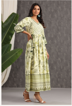Women's Light Olive Rayon Printed Flared Dress