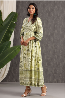 Women's Light Olive Rayon Printed Flared Dress