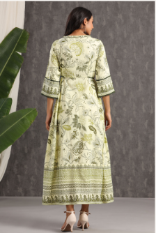 Women's Light Olive Rayon Printed Flared Dress