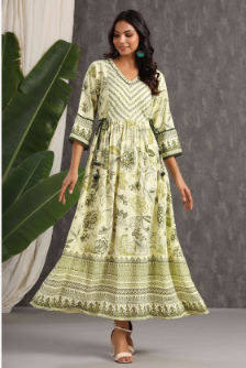Women's Light Olive Rayon Printed Flared Dress
