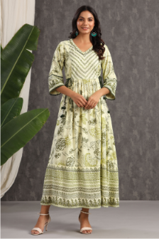 Women's Light Olive Rayon Printed Flared Dress