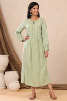 Women's Light Olive Rayon Embroidered A-Line Dress
