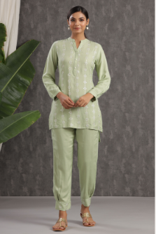 Women's Light Olive Rayon Embroidered Straight Kurta Pant Set