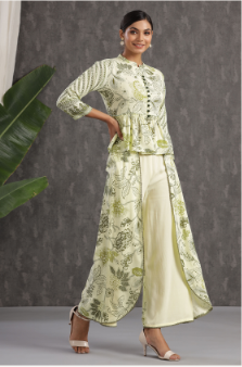Women's Light Olive Rayon Printed Peplum Top Palazzo Set