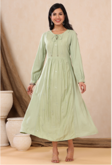 Women's Light Olive Rayon Embroidered A-Line Dress
