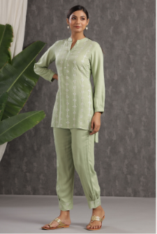 Women's Light Olive Rayon Embroidered Straight Kurta Pant Set