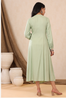 Women's Light Olive Rayon Embroidered A-Line Dress