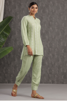 Women's Light Olive Rayon Embroidered Straight Kurta Pant Set