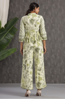 Women's Light Olive Rayon Printed Peplum Top Palazzo Set