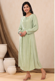 Women's Light Olive Rayon Embroidered A-Line Dress