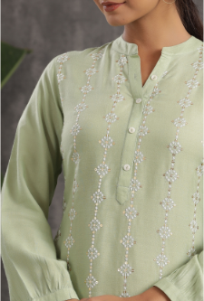 Women's Light Olive Rayon Embroidered Straight Kurta Pant Set