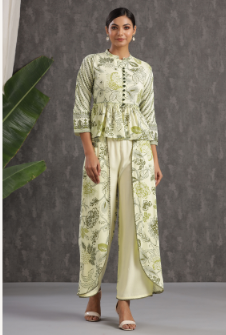 Women's Light Olive Rayon Printed Peplum Top Palazzo Set