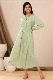 Women's Light Olive Rayon Embroidered A-Line Dress