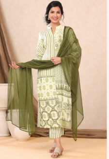 Women's Light Olive Rayon Printed Straight Kurta Palazzo Dupatta Set