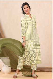 Women's Light Olive Rayon Printed Straight Kurta Palazzo Dupatta Set