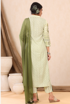 Women's Light Olive Rayon Printed Straight Kurta Palazzo Dupatta Set