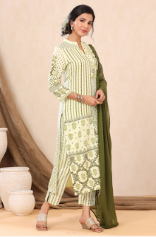 Women's Light Olive Rayon Printed Straight Kurta Palazzo Dupatta Set