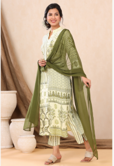 Women's Light Olive Rayon Printed Straight Kurta Palazzo Dupatta Set