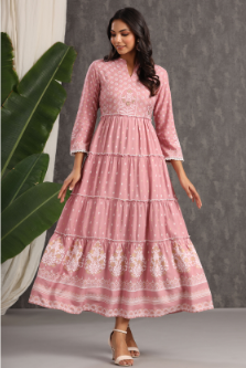 Women's Onionpink Rayon Printed Tiered Dress