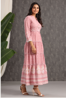 Women's Onionpink Rayon Printed Tiered Dress