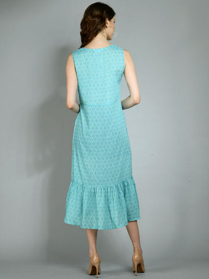 Women's Blue Poly Cotton Printed Sleeveless Round Neck Casual Dress