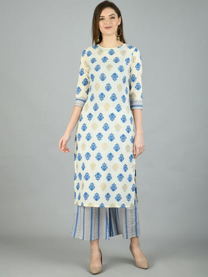 Women's Multi Cotton Printed 3/4 Sleeve Round Neck Casual Kurta Palazzo Set