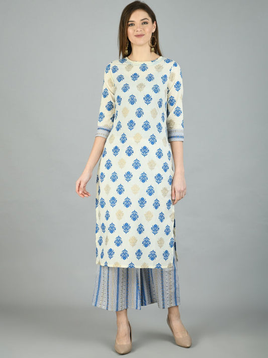 Women's Multi Cotton Printed 3/4 Sleeve Round Neck Casual Kurta Palazzo Set