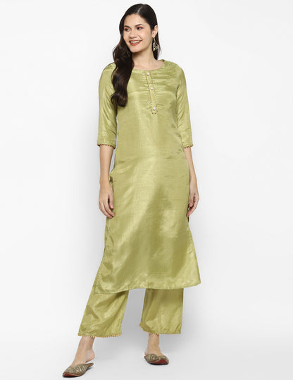 Women's Green Color Silk Blend Straight Kurta Palazzo With Dupatta