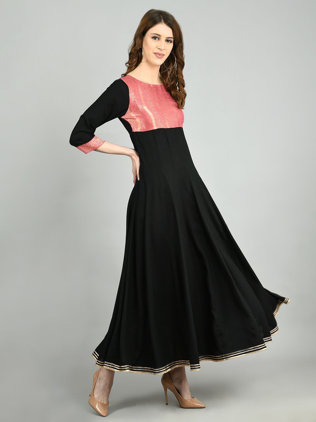 Women's Black Rayon Printed 3/4 Sleeve Round Neck Casual Kurta Dupatta Set