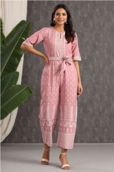 Women's Onionpink Rayon Printed Ethnic Jumpsuit with Belt