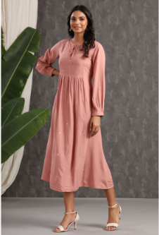 Women's Onionpink Rayon Embroidered A-Line Dress