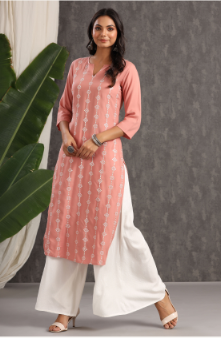 Women's Onionpink Rayon Embroidered Straight Kurta