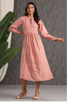 Women's Onionpink Rayon Embroidered A-Line Dress