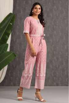 Women's Onionpink Rayon Printed Ethnic Jumpsuit with Belt