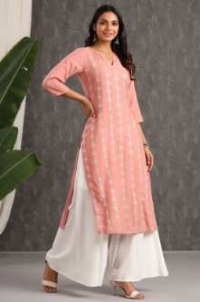 Women's Onionpink Rayon Embroidered Straight Kurta