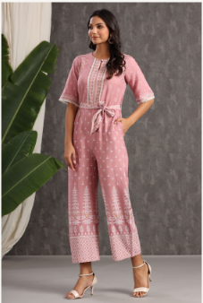 Women's Onionpink Rayon Printed Ethnic Jumpsuit with Belt