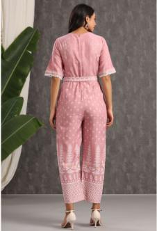 Women's Onionpink Rayon Printed Ethnic Jumpsuit with Belt