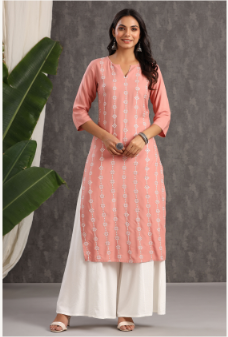 Women's Onionpink Rayon Embroidered Straight Kurta