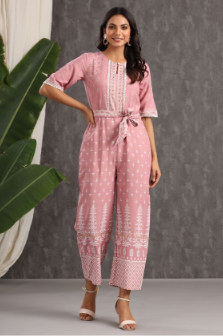 Women's Onionpink Rayon Printed Ethnic Jumpsuit with Belt