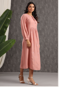 Women's Onionpink Rayon Embroidered A-Line Dress