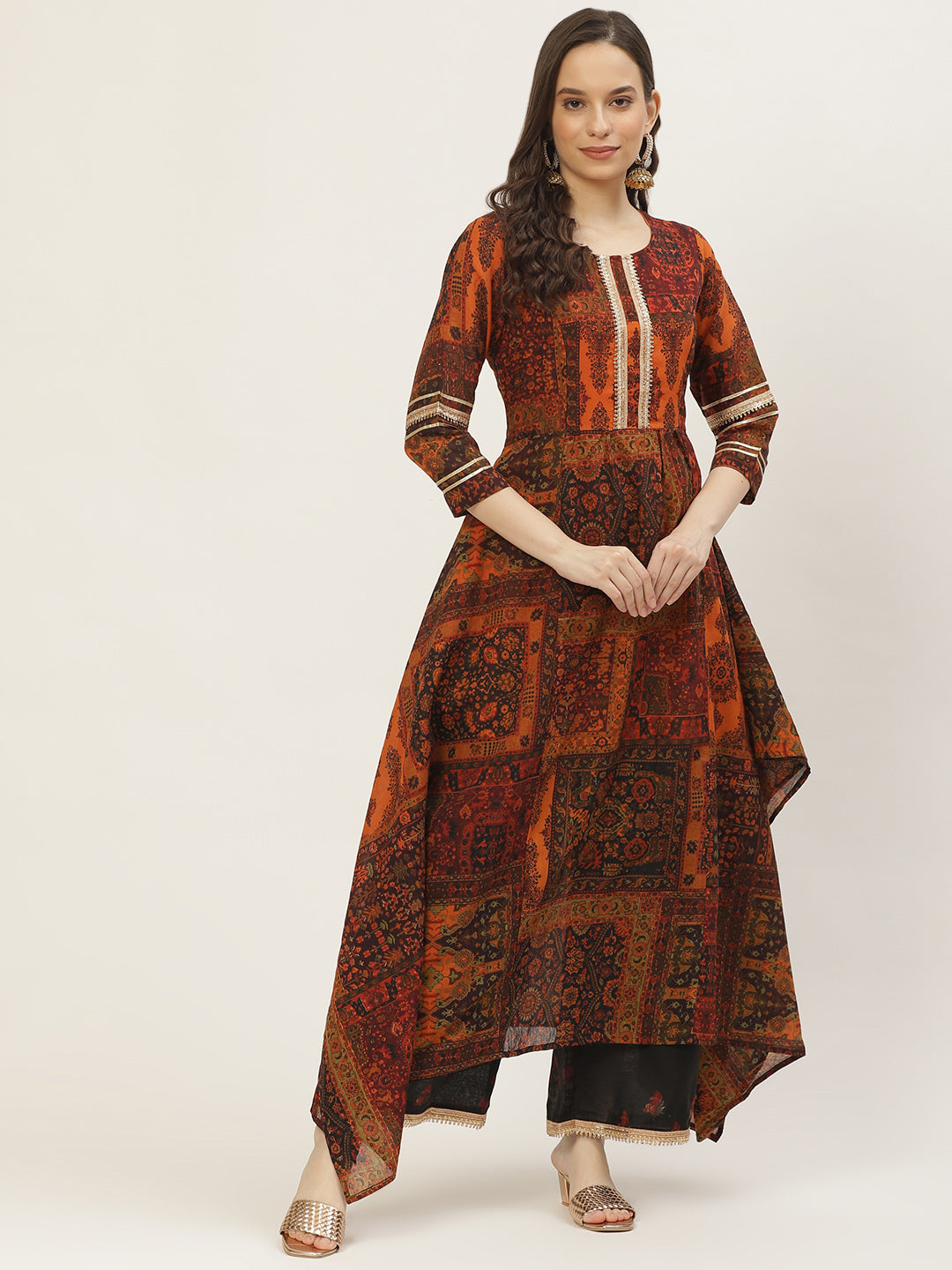 Women's Orange Color Chanderi Silk Floral A-Line Digital Printed Kurta Palazzo Set